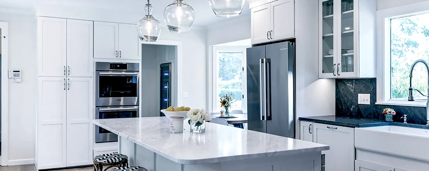 Kitchen, white cabinets and stainless steel appliances