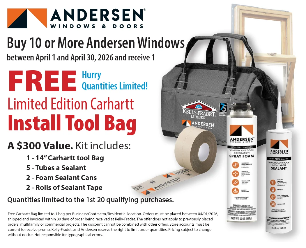 April 226 Andersen Promo, Buy 10 or more Andersen Windows in April and receive 1 Free Carhartt Install Tool Bag