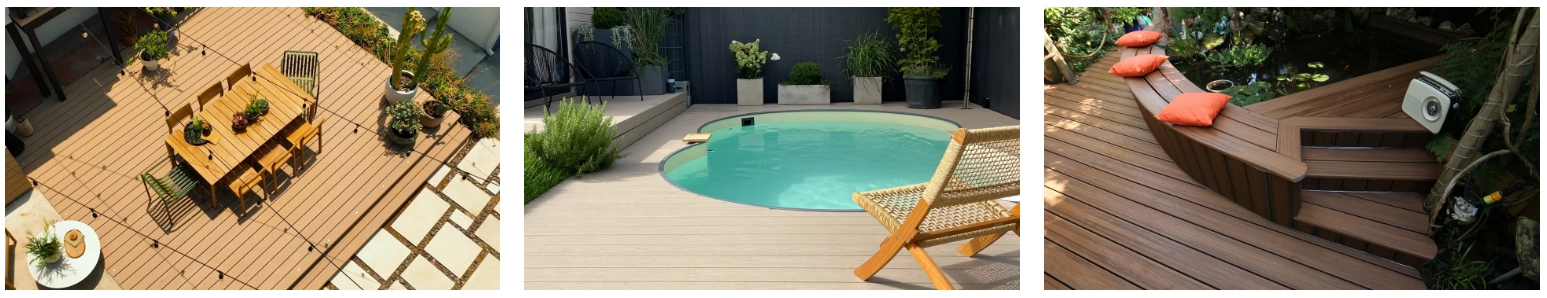 Three separate images, first a deck with a table with lights ready for night, next a pool surrounded by Trex Decking and third a deck in a shadded area with stairs.