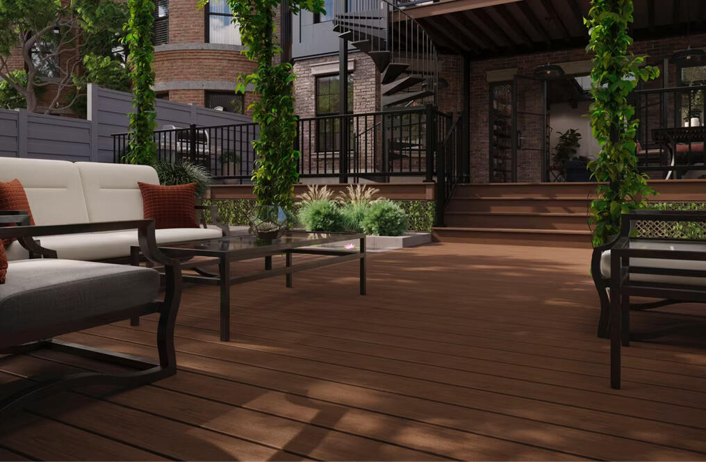 Trex Decking in a shaded area, with seats