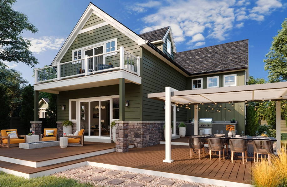 Residential deck and porch featuring composite decking and railing for outdoor living
